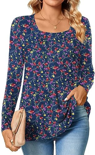 TAOHUADAO Womens Fall Casual T-Shirts Square Neck Long Sleeve Tunic Tops Loose Comfy Blouses Medium, Small Flower-Navy Blue