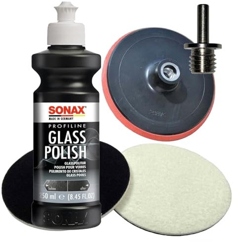 Glaspoliturset bestehend aus einer SONAX 250ml Glass Polish + 2 Stück Flexipads Ø135mm Glas-Polierpads + Craft-Equip Ø125mm Stützteller + Adapter 6mm auf M14