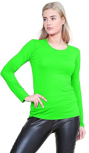 janisramone® Long Sleeve T Shirts Women, Plain Round Neck Breathable Basic Summer Tops for Women UK, Stretchy Slim Fitted Going Out Tops Neon Green