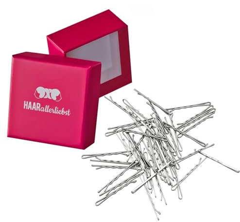 HAARallerliebst 50 Haarnadeln extra breit - 5 cm Bobby Pins - silber für graues Haar – Haarklemmen Damen & Hair Pins in pinker Box - Perfekte Haarnadel für Styling & Halt