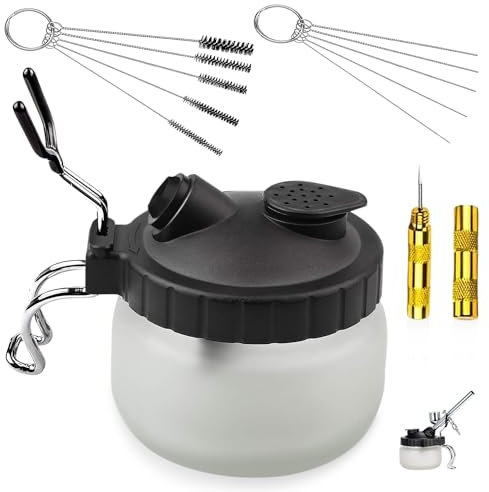 Nizirioo Lot de 4 kits de nettoyage pour aérographe avec récipient de nettoyage, jeu de brosses en nylon et aiguille en acier inoxydable et alésoir aérographe, accessoires professionnels pour