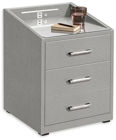 Stella Trading Moon Nachttisch | Nachtkommode mit LED Beleuchtung & USB Anschlüsse | Graue Stoffoberfläche und Glasplatte | 3 Schubladen | 47x61x46cm