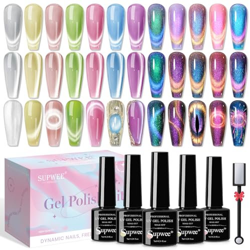 SUPWEE Moonlight Cat Eye UV-Gel-Nagellack Set, Cat Magnetisch Eye Gel Nagellack mit 1 Magnet Auroras Glitzer Katzenaugen Magnetisch Maniküre für Nail Art Salon Gellack 12 Farben