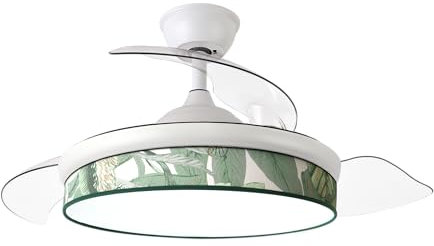 ABRILA - Ventilador DC MODA | Color Blanco con tres Aspas Desplegables ABS y Difusor de Hoja Verde | 6 Velocidades Ajustables | 3 Temperaturas de Luz | con Temporizador y Mando a Distancia Incluido