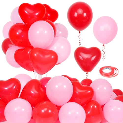 60 Stück Rot Liebe Herzballons, Rot und Rosa Latex Valentinstag Luftballons für Hochzeitstag, Verlobung, Geburtstag, Valentinstag Deko