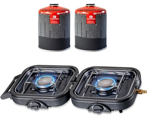 KEMPER - Réchaud gaz pliable 2 feux 4600 W Bruleur Acier inoxydable + 2 cartouches de gaz 7/16