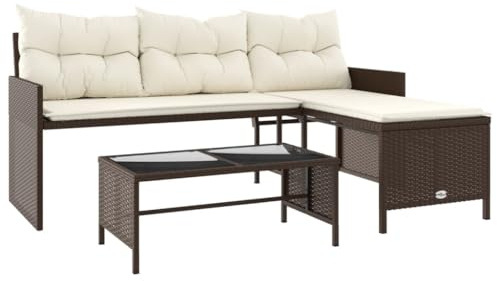 vidaXL Gartensofa in L-Form mit Tisch und Kissen Braun Poly Rattan