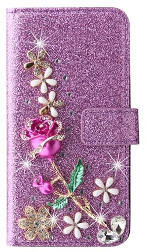SLLMYYX Brieftaschen-Schutzhülle kompatibel mit Samsung Galaxy A55 5G, glitzernde Rose, Blumen, Diamanten, PU-Leder, Klapphülle (lila), UKBF-FZ01-A555G-03