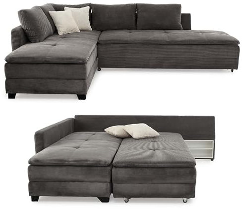 Federkern Ecksofa 306x223 cm Dauerschläfer, Doppelbett Schlaffunktion, Kaltschaum-Topper, Bettkasten, Regal, Schwenkteil links oder rechts montierbar, Bezug Cord Grau Anthrazit / 15163