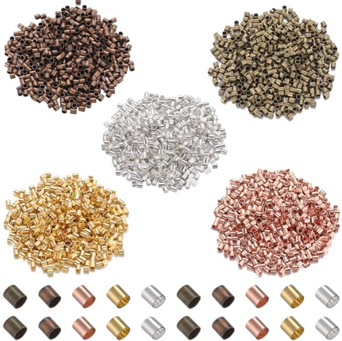 SOFPLATE 1 Box 3000Pcs 5 Colors 2mm Crimp Tubes Jewellery Crimp Beads Bulk Wire Cord End Caps Stopper Loose Bead Spacers 1.5mm Hole for Jewellery Making Necklace Bracelet Earrings Supplies DIY Crafts