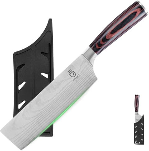 FULLHI Cuchillo Nakiri, Multi Color 7inch Cuchillo Japonés con funda, Acero Inoxidable Cuchillo Cocina Carne Verdura con Guarda (Madera Café)