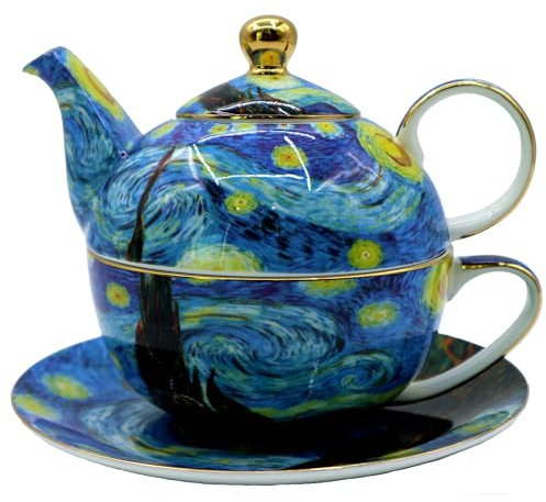 Porcelain 13 OZ Tea for One Teapot and Cup Set Vintage Floral Ceramic Tea Set European Style Tea pot and Saucer Set (Starry Sky)