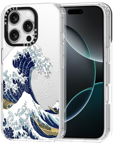 MOSNOVO Case for iPhone 16 Pro, [Buffertech 6.6ft Military-Grade Drop Protection] [Anti Peel Off Tech] Clear TPU Bumper Phone Case Cover Design - Great Wave