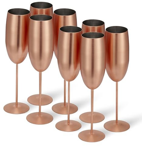 Oak & Steel - 8 elegante Edelstahl Rose Gold Matt Prosecco Flötengläser, 285ml - unzerbrechliches Champagnerglas Geschenkset für Hausbar, Hochzeiten, Geburtstagsfeier