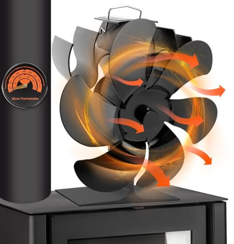 Afenau Kaminventilator, 6-Blättriger Ofenventilator Ohne Strom mit Thermometer, Langlebig Ofen Ventilator, Leiser Betrieb Kamin Ventilator, Kaminofen Ventilator für Brennholz/Feuerstelle/Kaminofen