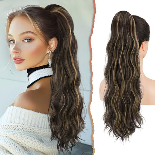 Sofeiyan Pferdeschwanz Haarteil mit Kordelzug, 56 cm Lang Gewellt Zopf Pferdeschwanz Haarverlängerung Synthetik Natürliches Kordelzug Pferdeschwanz Verlängerung für Frauen, Dunkelbraun & Golden Auburn