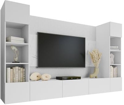 Mirjan24 Wohnwand Deromi, Anbauwand mit Wandpaneele und TV-Lowboard, Akustikplatten, Fernsehschrank, Schrankwand, Mediawand, TV-Lowboard (Weiß + Weiß Marmor, 2X Hängeregal)