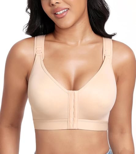 Lemorosy BH Damen Ohne Bügel Starker Halt Vorderverschluss Racerback Postoperativer Sport Verstellbare BH (Beige,80E)