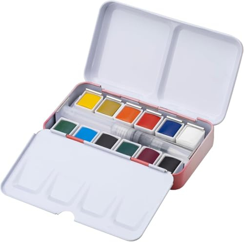 MEEDEN 12 Colors Watercolour Paint Set: Travel Watercolour Set with Brush in Half Pans - Portable Watercolour Paints for Adults & Artist