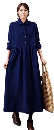 Boodtag Robe longue vintage en velours côtelé pour femme - Coupe ample - Col à revers - Tenue d'automne et d'hiver, bleu marine, XL