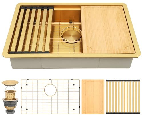 MONSINTA ADA Workstation 27 Inchs Undermount 16 Gauge Stainless Steel Single Bowl Kitchen Sink with Accessories, ADA-Compliant Sink, Gold Color 27 x 18 x 6