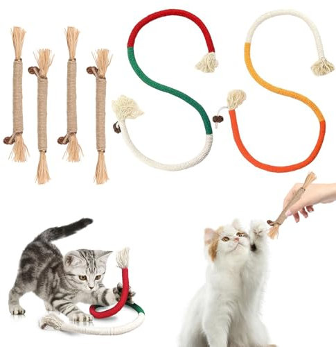 2 Juguetes con Hierba gatera para Gatos – 2 Cuerdas para morder y 4 palitos de Catnip para Gatos – Fomenta el Cuidado Dental y el autoentretenimiento Gatos Activos.