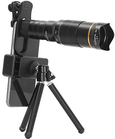 Kit de Lente de Cámara de Teléfono, Clip en una Lente de Teleobjetivo 32X y Lente de Gran Angular de 0.63x y Accesorio de Lente de 198 ° con Clip, Trípode y Estuche (Negros)