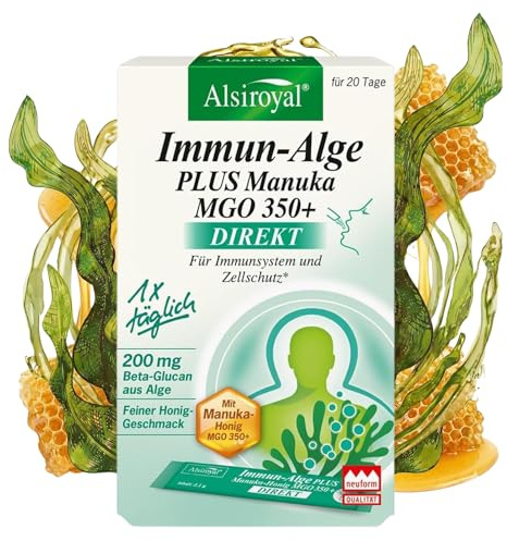 Alsiroyal Immun-Alge PLUS Manuka MGO 350+ DIREKT (20 Sticks) - Nahrungsergänzung mit Beta-Glucan aus Euglena gracilis, Vitamin C & Zink - Praktische Direkt-Sticks für unterwegs