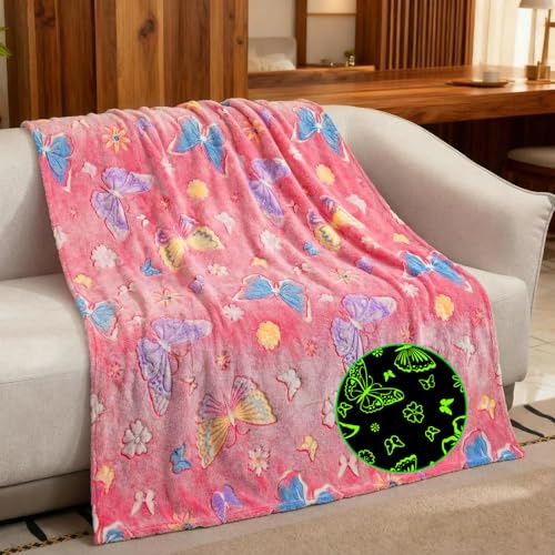 LXTOPN Kuscheldecke Kinder Mädchen Leuchtet im Dunkeln mit Schmetterlinge,Weiche Flanell-Fleecedecke für 3 4 5 6 jährige Mädchen Geschenk