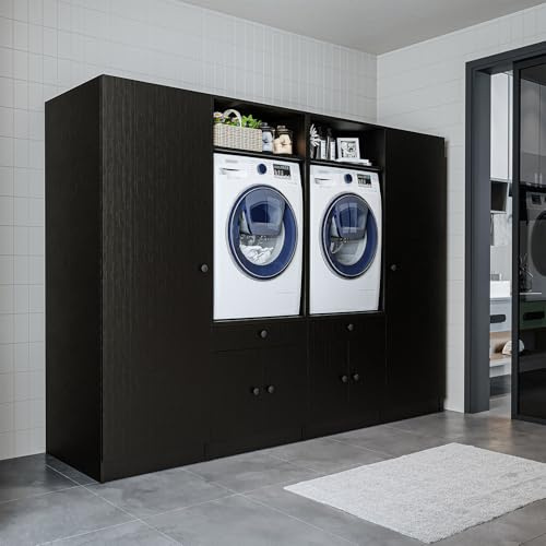 ROOMART Schrankwand für Waschküche & Hauswirtschaftsraum – 254 cm – Hochschrank mit Ausziehbrett – Waschmaschinenumbauschrank & Stauraumregal (Schwarz-Eiche, V2 : 254 x 184 x 67 cm (B x H x T))