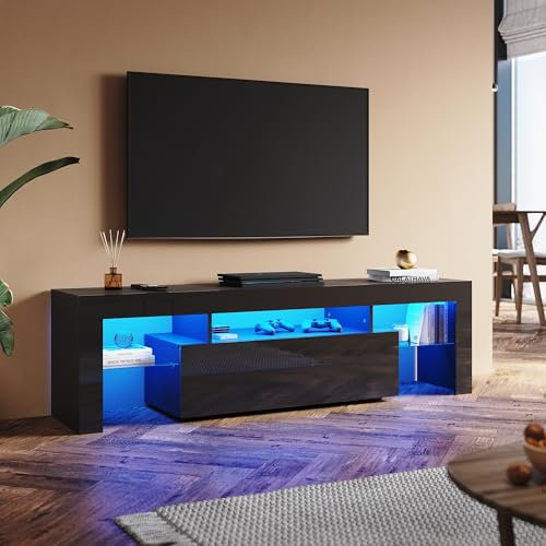 SUNXURY Meuble TV bas à LED noir brillant 160 cm avec éclairage LED RVB 160 x 45 x 35 cm (l x H x P)