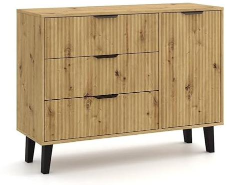 CDF Kommode mit 3 Schubladen und 1 Tür für Wohnzimmer Schlafzimmer Flur – Modernes Design mit gerillten Fronten – Viel Stauraum – Sideboard mit Schubladen – Eiche Artisan Scandi 1D3S Slim