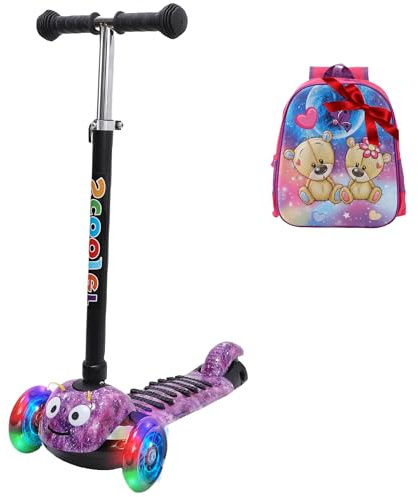 Habib Kinderroller Geschenkset – 3-Rad Scooter für Jungen & Mädchen 3-8 Jahre, mit leuchtendem 3D-LED-Rucksack, LED-Rädern, rutschfest & 4-Fach Höhenverstellung Max. 50 KG - Dunkellila