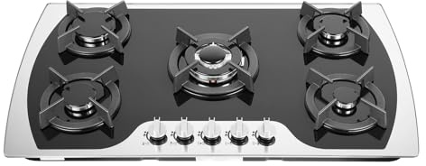 TCICOP Edelstahl Gaskochfeld 5 Flammig 90x51CM Propangasherd, Gas Stove Gaskochfeld Eingebettet - Flammenfehlersystem (3000W+2750W+1750W+1750W+1000W) Geeignet für Zuhause und Restaurant