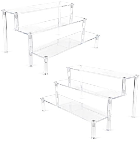 M.J COMFY-LIFE 2 set 3 Tier Acrylic Riser Clear Display Stand for Funko Pop Figures, Perfume, Cupcake, Dessert, Jewelry, Collectibles – Thick Transparent Display Shelf Organizer for Counter, Cabinet