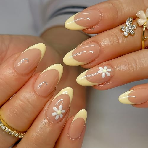 24PCS Yellow French Tip Press On Nails - Short Almond Floral Pattern Glossy Nude False Nails for Women, ABS Material with Jelly Adhesive Tabs, Long-Lasting Stick On for Work & Party