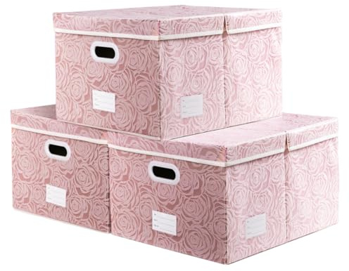 PRANDOM Aufbewahrungsbox mit Deckel Groß,Rosa,58x40x30cm,1-Stück,Faltbare | Stapelbar,Mit Griff,Rosenmuster Stoff Aufbewahrungskörbe,Dekorative Würfel,Mit Etikettentasche,Schlafzimme,Schrank