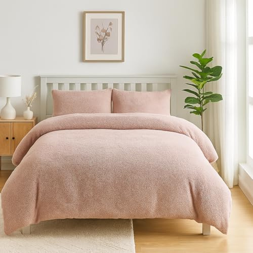BURAKH Single Duvet Cover Set with Pillowcase Teddy Fleece Blush Pink 135x200cm Soft Warm Bedding Set for Winter, Cozy Fluffy Fleece Duvet Cover and Pillow Case (Single (135x200cm))