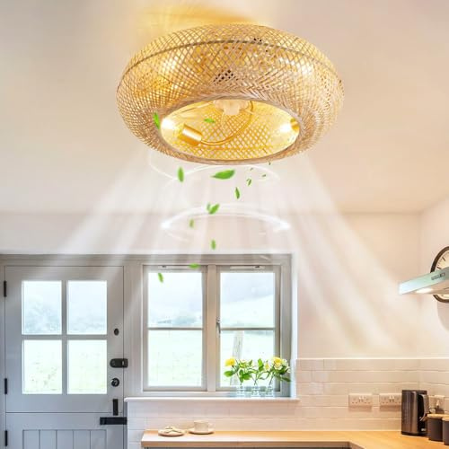 GaoHX Ventilateur de Plafond avec Éclairage E27 en Bambou Rotin Abat-Jour, Vintage Plafonnier avec Ventilateur Silencieux 6 Vitesses Réversible Lampe Suspendue Chambre à Coucher