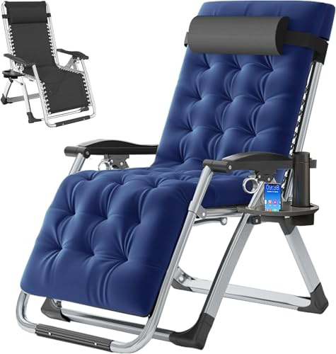 ZIKEBTUY Klappstühle Sonnenliege Belastbar bis 200 kg Garten Zero Gravity Chair Gartenstuhl Klappbar Relaxliege Einstellbarer Winkel Gartenliege mit Matratze, Kissen und Seitentasche (Blau)