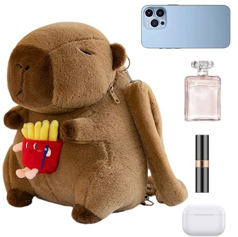 Capibara Rucksack mit großem Fassungsvermögen, Schulranzen aus weichem Capibara-Plüschtier, für und Mädchen, Tagesausflüge, Schule, Camping, Picknick und sportliche Aktivitäten, Pommes, siehe