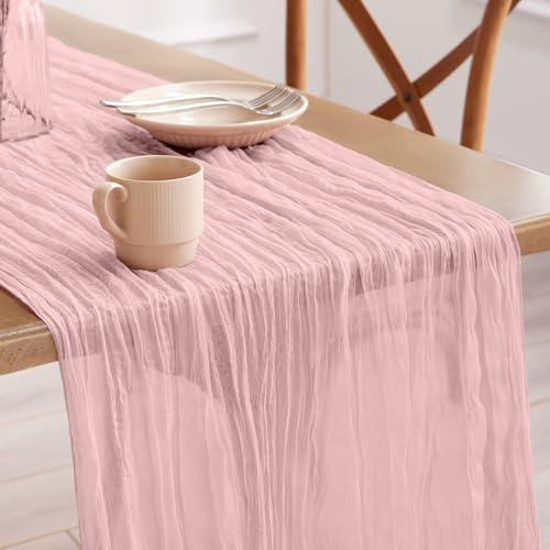 Pureegg 1 Stück Käsetuch Tischläufer, 90x300 cm Boho Gaze Tischdecke, Frühlings Dekoration für Party, Babyparty, Hochzeit & Landhaus, Stoff Raumdeko, Rosa