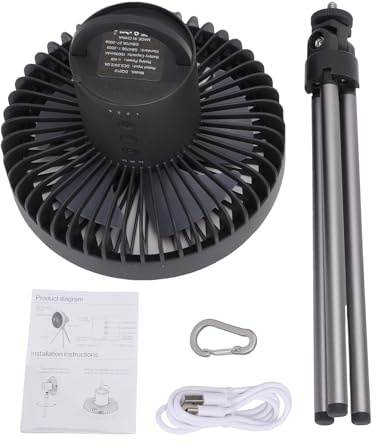 ZASCHMOY Ventilateur de Camping 10 000 MAh, Ventilateur Portable 10 000 MAh, Rechargeable 10 000 avec Batterie Externe de Type C et Lumière LED à intensité Variable,