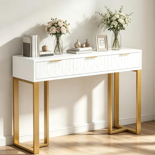 TerraVibe Konsolentisch Outdoor für Balkon Oder Flur, Beistelltisch Gold mit Metallgestell, Schmaler Balkontisch, Kommode Flur Schmal, Sideboard Klein (Gold.)