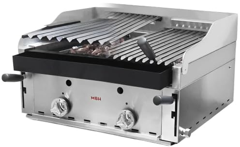MBH - Barbacoa a gas profesional de piedra volcánica 60 cm. Barbacoa industrial parrilla enteriza pavonada y tipo vasca para restaurante, hostelería.