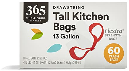 365 by Whole Foods Market, Flextra Strength Drawstring Tall Kitchen Trash Bags, 13 Gallon, 60 Count