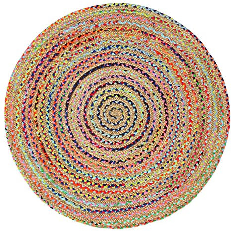 Green Decore Handgefertigte geflochtene runde Naturfaser Jute Teppich, Natur (150 cm Durchmesser, Fusion Mehrfarbig)