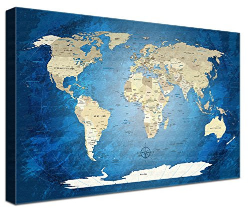 LanaKK – Weltkarte Luxus Ausführung – „World Map Blue Ocean” - deutsch - Kunstdruck-Pinnwand auf 4cm Echtholz-Keilrahmen – Globus in blau, einteilig & fertig gerahmt in 100x70cm