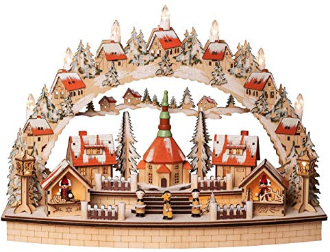 Wichtelstube-Kollektion LED Schwibbogen Seiffener Kirche, Schwippbogen Lichterbogen Echtholz Weihnachtsdeko Fensterbank, Batteriebetrieben inkl. Timer