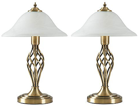 MiniSun | Traditional Style Antique Brass Twist Table Lamps with a Frosted Alabaster Shade | Table Lamps, Home Décor & Improvement Essential | Set of 2 | Includes 6W LED E27 Light Bulb